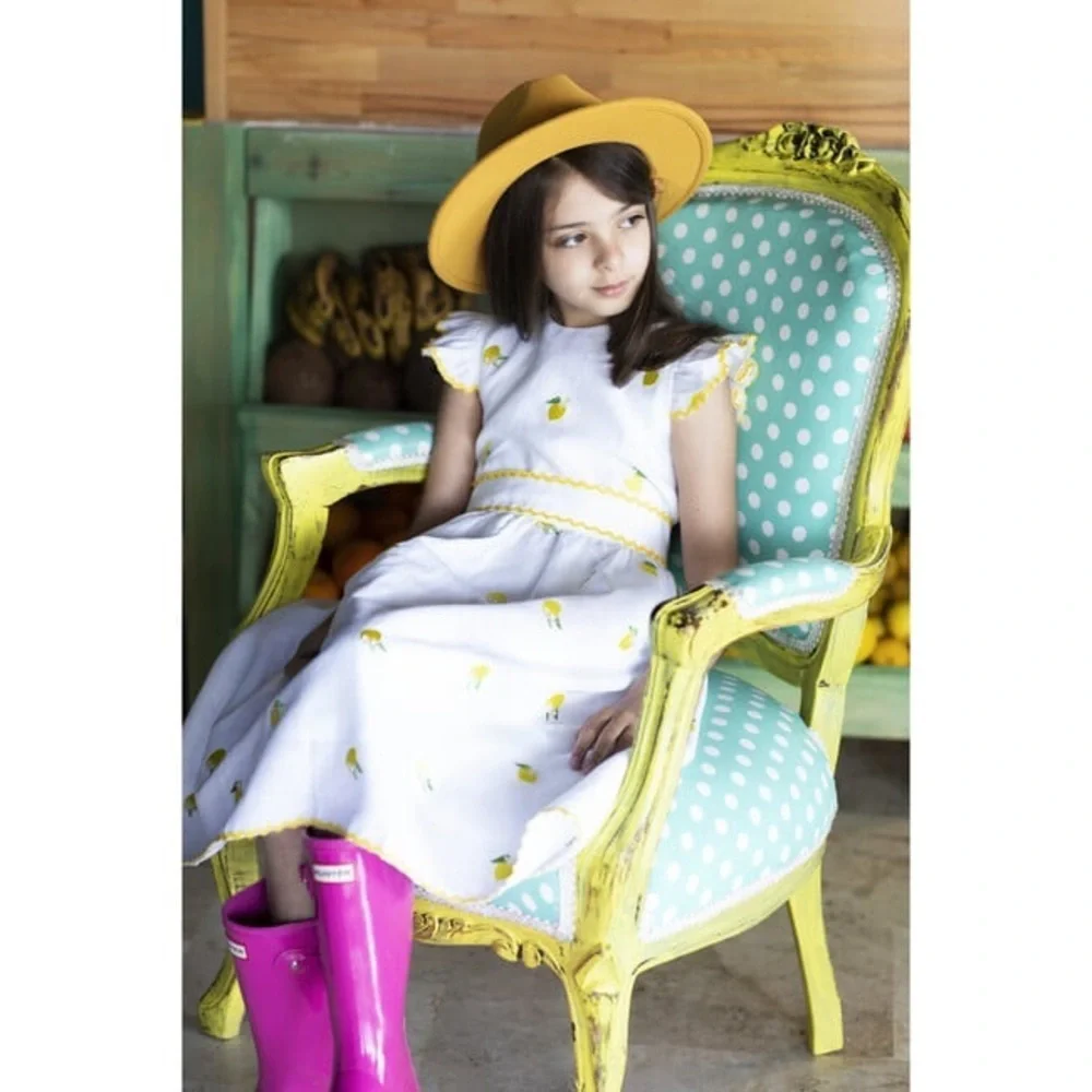 Sorci and Fofa Girls 6 Embroidered Lemon Flutter Sleeve Ric-Rac Linen Dress‎ - Picture 5 of 16